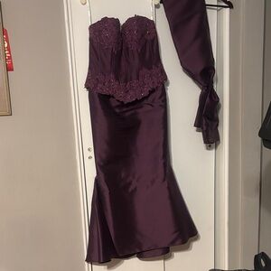 Strapless Lace Jovani Bodice Satin Mermaid Dress - Plum